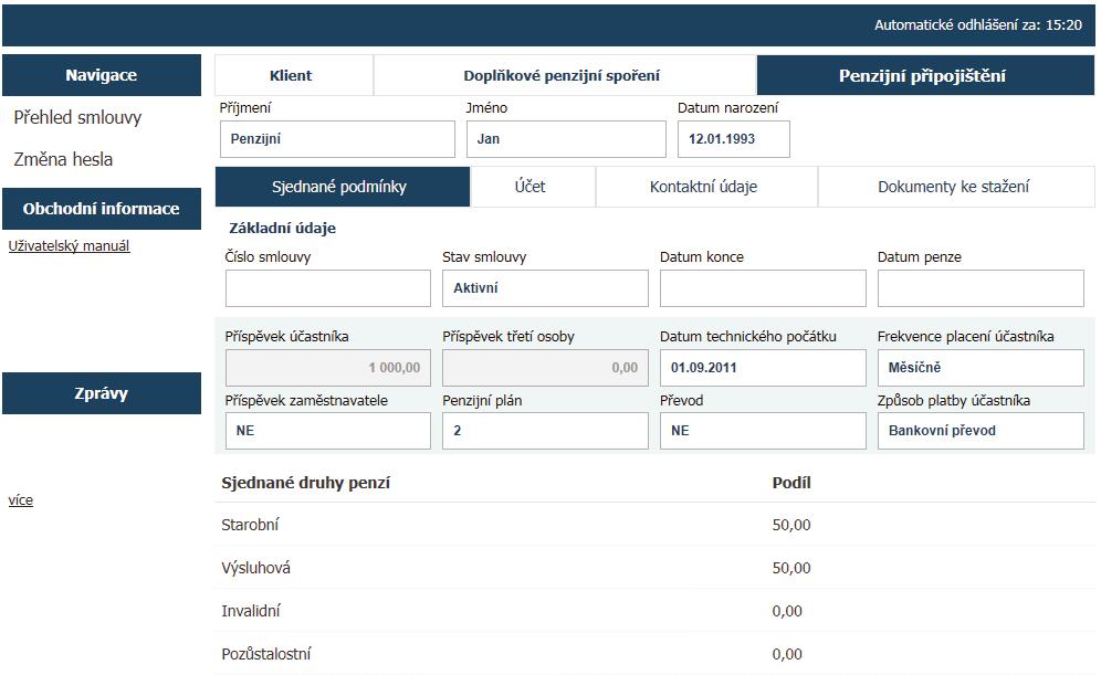 B.3.3. Záložka: Penzijní připojištění Záložka obsahuje informace o Vaší smlouvě penzijního připojištění.