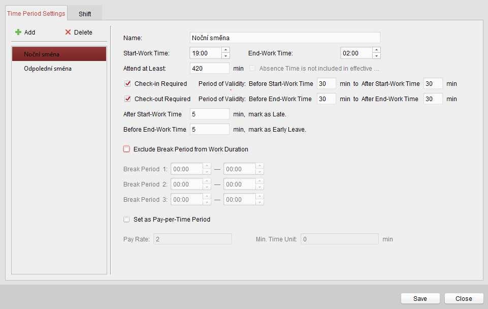 Str. 03 2) Shift Settings 1.1 Time Period Settings Slouží k nastavení časového úseku, pracovní a hlídané doby a následné specifikace. Tlačítkem přidáte nový časový úsek.