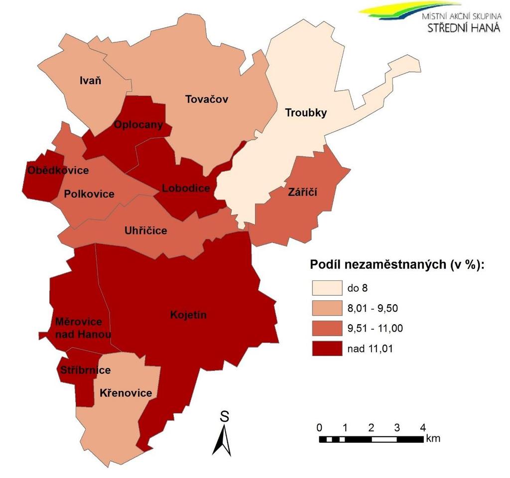 Stránka 60 z 147 Obr. 11 Podíl nezaměstnaných (%) Tab. 26 Podíl ekonomicky aktivních obyvatel EAO (prosinec 2014) Ivaň Kojetín Křenovice Lobodice Měrovice n. H.