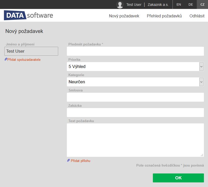Funkce aplikace Po přihlášení budete připojeni k pracovní ploše aplikace HelpDesk a zobrazí se (podle předchozího nastavení parametrů) buďto formulář pro Nový požadavek nebo seznam evidovaných úkolů