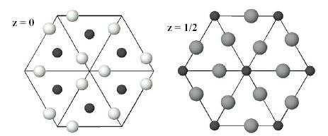 In the first one there are only transition metal atoms at positions (1/3, 2/3, 0), (2/3, 1/3, 0) and atoms of p-metal at positions (x, 0, 0), (0, x, 0) and (-x, -x, 0), in the second type the