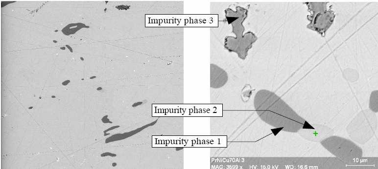 7 has its largest impurity phase joint to bigger volume clusters. a) b) Fig. 5.4.: Microprobe analysis of PrNi 0.9 Cu 0.1. Figure 5.4. a) shows the area used for the impurity phases fraction amount estimation.