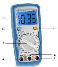 5. Ovládání 5.1. Ovládací prvky a přípojky 1. LCD displej 2. přepínač funkce/rozsahu 3. vstupní zdířka COM 4. vstupní zdířka 10 A 5. vstupní zdířka V/Ω/mA 6. přidržení hodnoty 7.