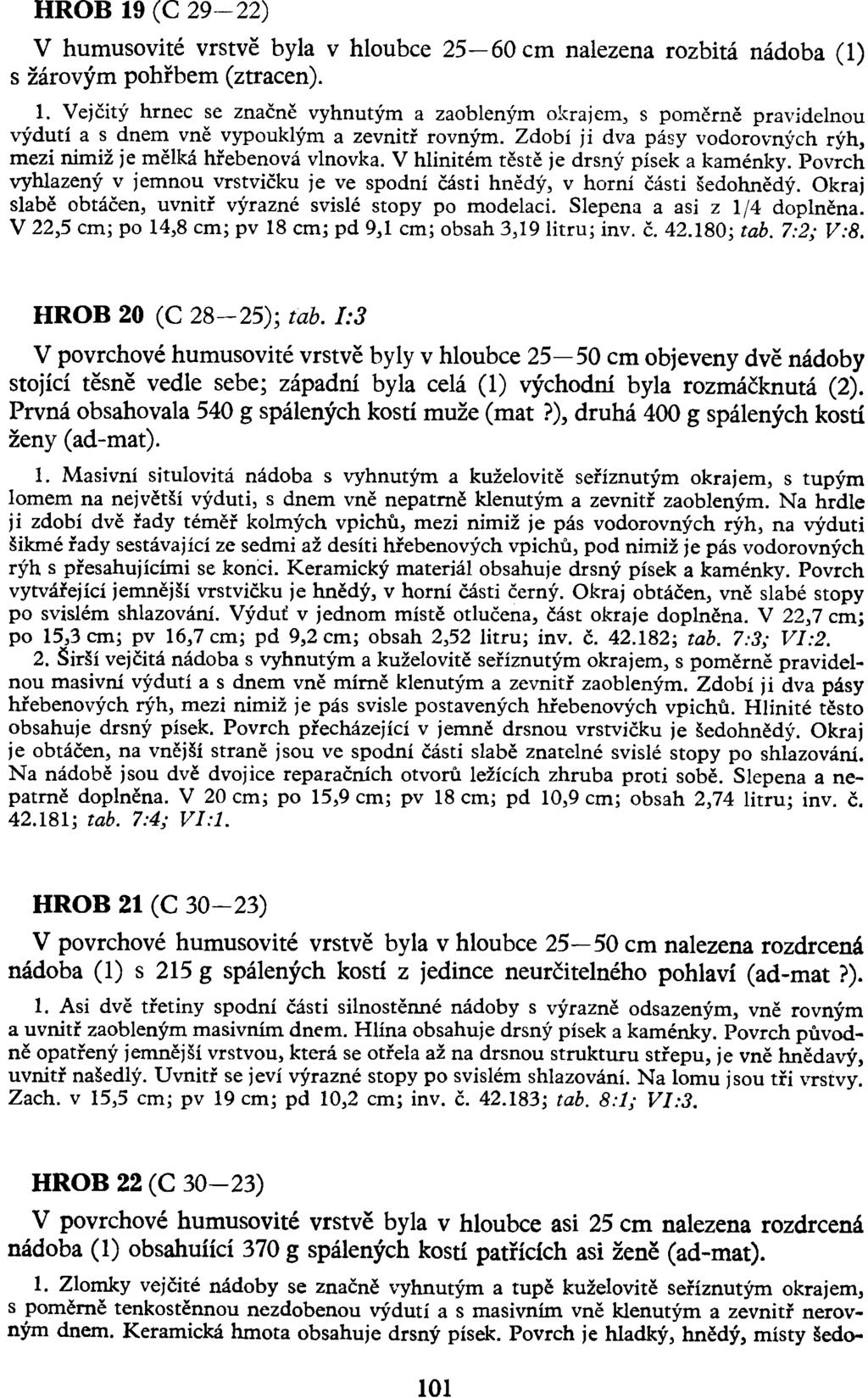 HROB 19 (e 29-22) V humusovité vrstvě byla v hloubce 25-60 cm nalezena rozbitá nádoba (1) s žárovým pohřbem (ztracen). 1. Vejčitý hrnec se značně vyhnutým a zaobleným ohajcm, s poměrně pravidelnou výdutí a s dnem vně vypouklým a zevnitř rovným.
