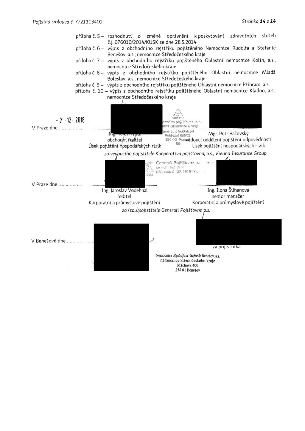 Pojistná smlouva č. 7721113400 Stránka 24 z 14 příloha č. 5 - příloha č. 6 - příloha č. 7 - příloha č. 8 - příloha č. 9 - příloha č. 10 rozhodnutí o změně oprávnění k poskytování zdravotních služeb č.