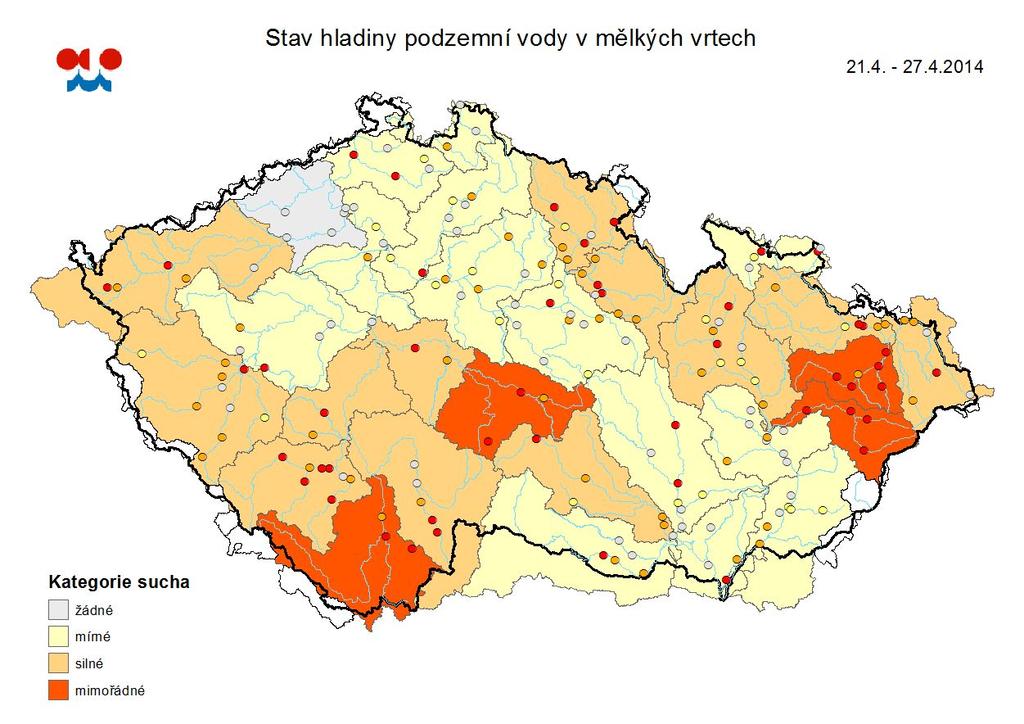 všech mělkých vrtů. Téměř třetina vrtů je ještě v normálu. V rámci ČR se i nadále pohybujeme v rozmezí mírného až silného, místy až mimořádného sucha.