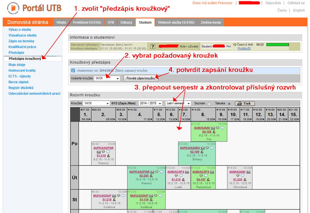 2. Vyberte požadovaný kroužek (podrobnosti o kroužku určeném pro Váš ročník/obor najdete v příloze). 3. Pokud si chcete prohlédnout rozvrh kroužku, nezapomeňte si přepnout semestr na LETNÍ. 4.