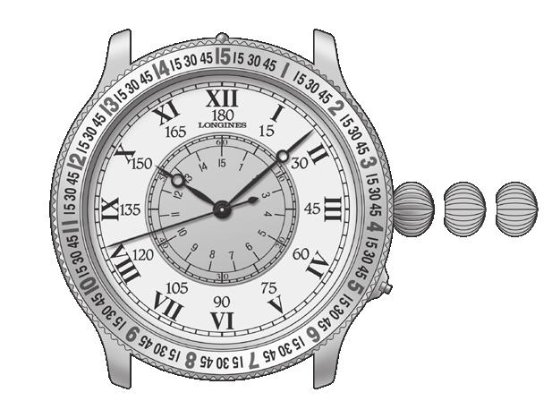 304 L699 THE LINDBERGH HOUR ANGLE WATCH Samonatahovací hodinky Hodinová ručka Minutová ručka C Otočná luneta Vteřinová ručka Třípolohová korunka 1 2 3 A Středový číselník pro zobrazení hodin, minut,