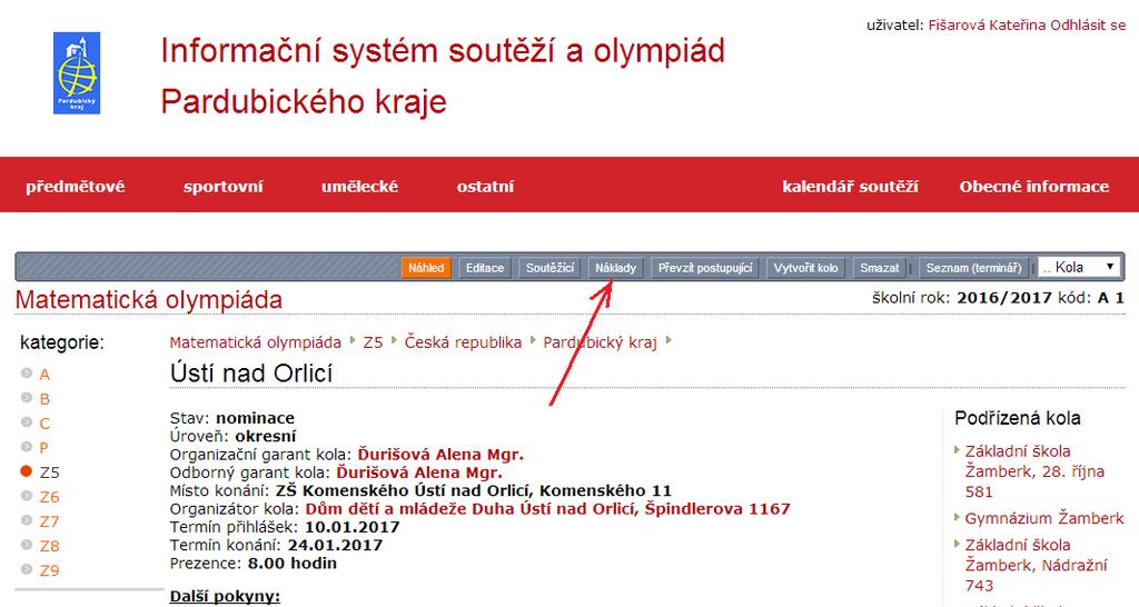 organizátor kola, termín a čas konání.