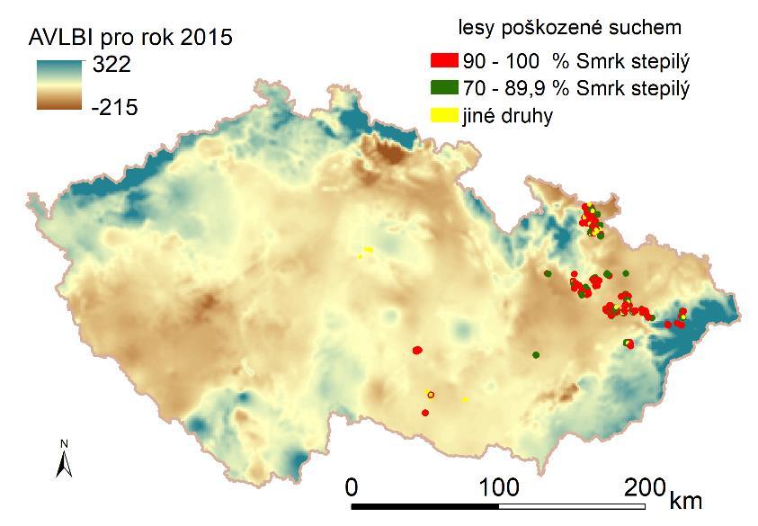 Model vitality lesních porostů pro území ČR Hodnocení citlivosti spektrálních vegetačních indexů na změny lesních porostů v důsledku klimatického sucha Indexy NDMI, Wetness odraz stresové reakce