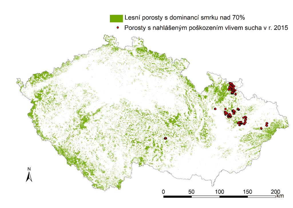 Model vitality lesních porostů pro území ČR Identifikace poškozených porostů Použit index NDMI (významný pokles hodnot v letech nízkých srážkových úhrnů) Lesní porosty s podílem smrku > 70% (porosty