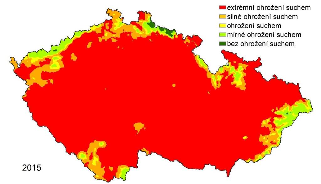 Tvorba map sucha v lesních porostech Mapa akutního stresu suchem ve vegetačním období 0 - vodní bilance > 50 mm - oblast bez akutního ohrožení suchem 1 - vodní bilance 50 - -50 mm - oblast mírného