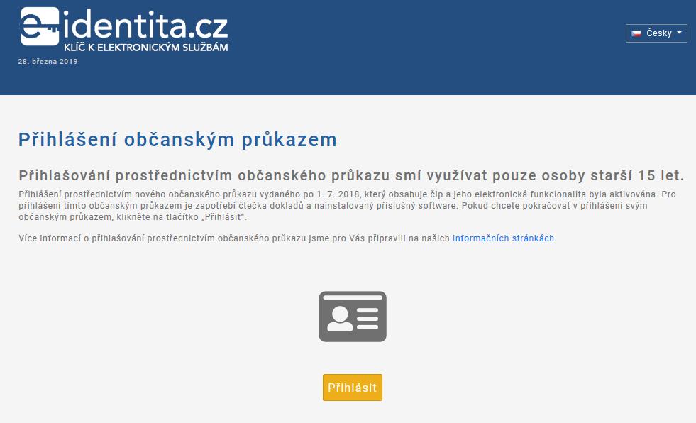 Pro přihlášení tímto občanským průkazem je zapotřebí čtečka dokladů a nainstalovaný příslušný software eobčanka (https://info.eidentita.cz/download/).