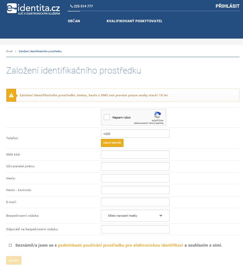 Obrázek 21: NIA - Založení identifikačního prostředku Jméno, heslo a SMS Podmínky používání kvalifikovaného prostředku pro elektronickou identifikaci vydávaného Správou základních registrů jsou