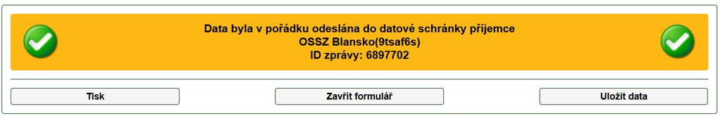 Uživatel je přesměrován na stránku svého účtu v systému datových schránek, kde jsou zobrazeny detaily odesílané datové zprávy včetně odkazu na přílohu, kterou tvoří data odesílaného formuláře, a