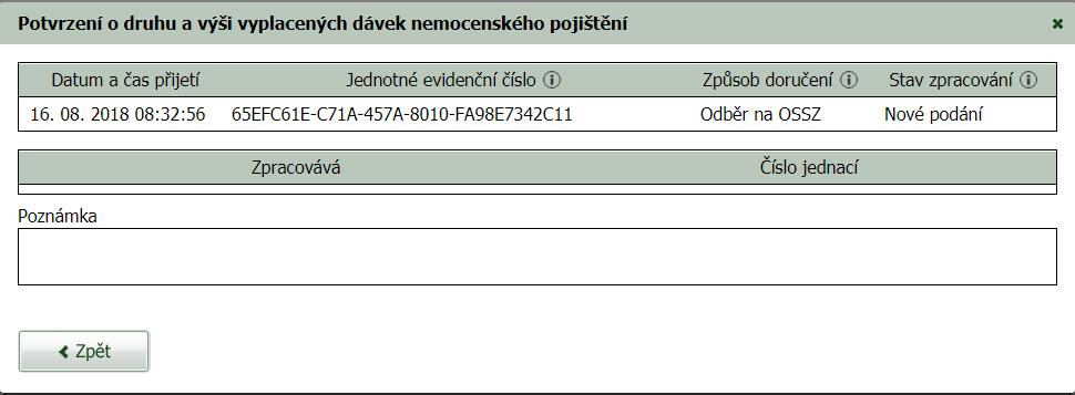 Obrázek 72: Okno s detailem podání, které se zobrazí po stisku tlačítka Více Tlačítko Zpět slouží pro