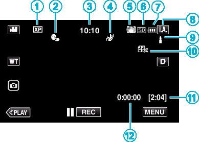 LCD monitor Ikona na displeji Popis A Kvalita videa Zobrazuje ikonu nastavení položky KVALITA VIDEA zvolené v menu záznamu KVALITA VIDEA (A str 87) 0 Zkontrolujte, zda je režim záznamu A 0 Pokud jste