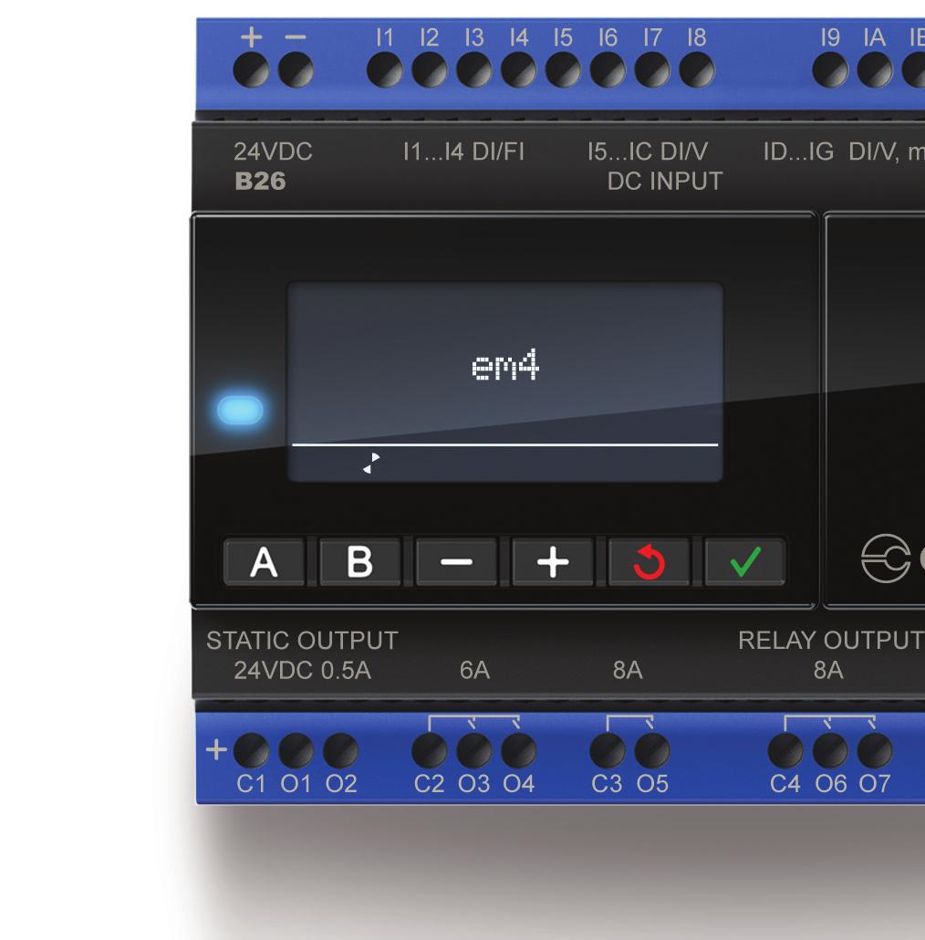 Technické parametry em4 Nano-PLC em4 základní modul všeobecná data Napájecí napětí 24 Vss (-15%/+20%) 4 W - 6,5 W Provozní teplota -20 C až 60 C HMI Programování RTC Komunikace Protokoly