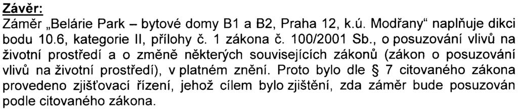 Závìr: Zámìr "Belárie Park - bytové domy B1 a B2, Praha 12, k.ú. Modøany" naplòuje dikci bodu 10.6, kategorie II, pøílohy È. 1 zákona è. 100/2001 Sb.