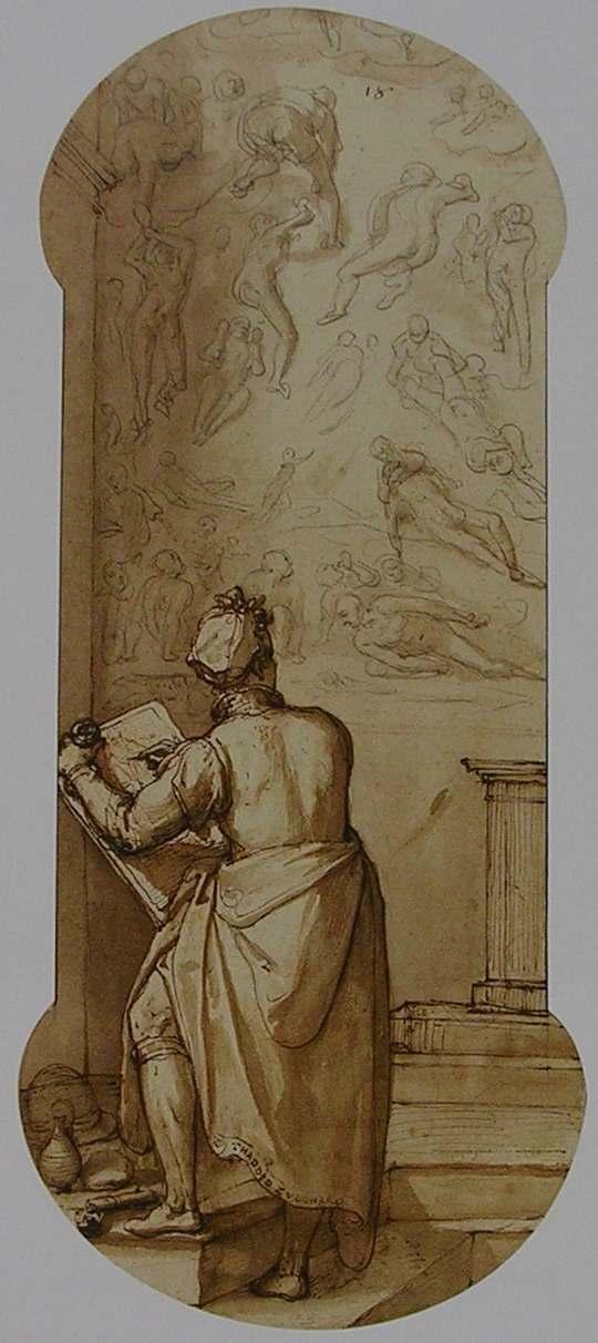 Obr. 19 Federico Zuccari, Taddeo kreslí Michelangelův Poslední soud v Sixtinské