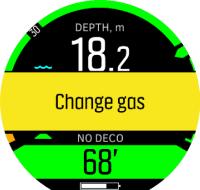 3.14.1.1. Ponor s více plyny umožňuje přepínání mezi plyny definovanými v nabídce PLYNY během ponoru.