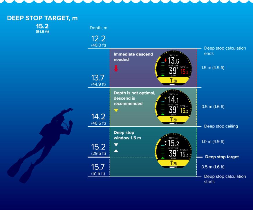 V následujícím příkladu se potápěč ponoří do hloubky maximálně 30,4 m (99,7 stopy) a má hloubkovou zastávku v 15,2 m (49,8 stopách): Pod 20,0 m (65,6 stopy) se aktivuje hloubková zastávka.