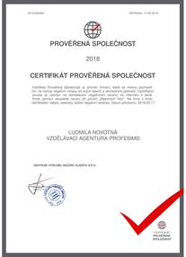 Jsme držitelem Certifikátu Prověřená společnost 2018 a 2019.