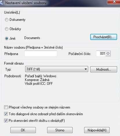 List: 14 ze 31 Obr. 6: Okno Nastavení uložení souboru 9. Klikneme na tlačítko OK. Tím se pořídí prázdný sken.
