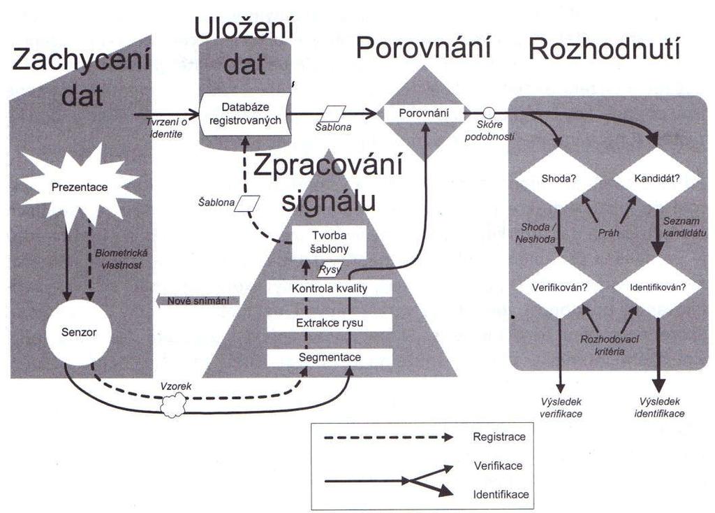 Obrázek 4: Oblast přijetí a odmítnutí tvrzení v závislosti na prahu T. Přepracováno z [1] Obrázek 5: Obecný biometrický systém [1] Rozhodnutí biometrického systému může být jak správné, tak i chybné.