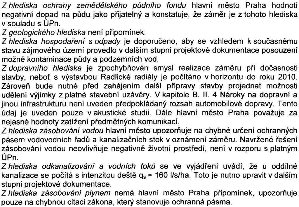 3- Z hlediska ochrany zemìdìlského pùdního fondu hlavní mìsto Praha hodnotí negativní dopad na pùdu jako pøijatelný a konstatuje, že zámìr je z tohoto hlediska v souladu s ÚPn.