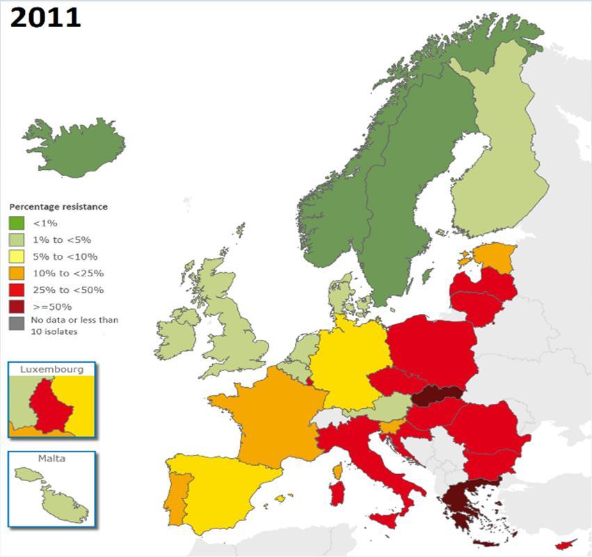 pneumoniae signifikantně vzrostl (z 16,7% v roce 2011 na 19,6% v roce 2014) ND <1%