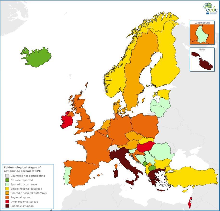 Výskyt CPE ve 38 Evropských zemích, porovnání situace 2013 a 2015 V roce 2015 endemická situace ve 4 zemích 9 zemí interregionální šíření CPE (červená barva) ČR sporadické outbreaky 2013 2015 Zdroj: