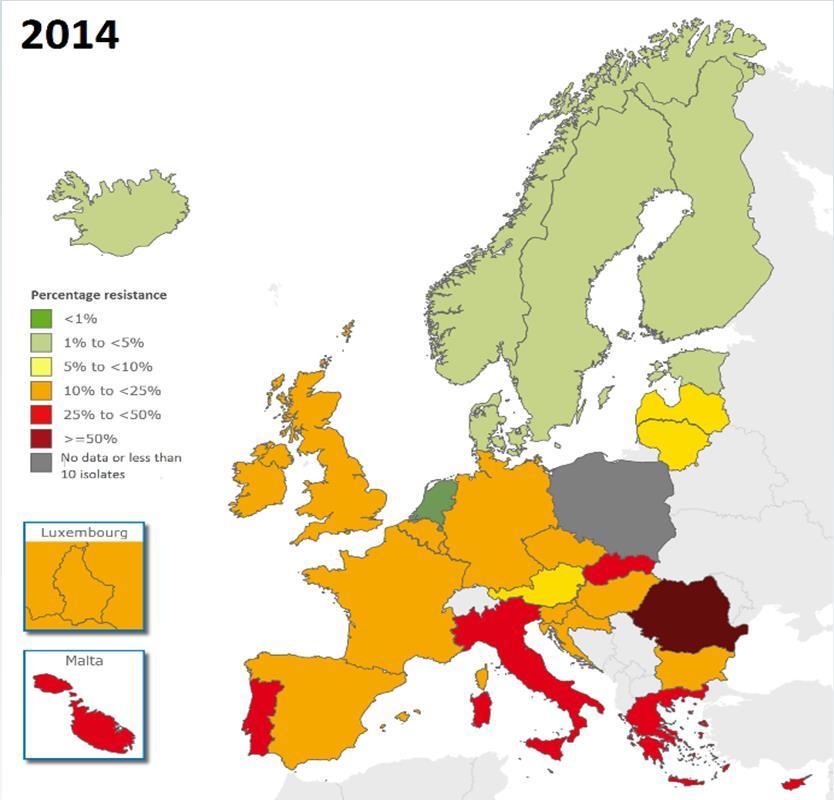 Methicilin-rezistentní Staphylococcus aureus (MRSA), izoláty z krve a likvoru EU průměr výskytu MRSA se signifikantně snížil (z 18,6% v roce 2011 na 17,4% v roce 2014) ale tento