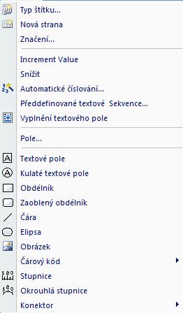 Menu Vložit Typ štítku... Pomocí této poloţky kontextového menu můţete vloţit nový typ štítku. Pro výběr se zobrazí výrobkový katalog. Nová strana Vloţí do aktuálního typu štítku novou stranu.