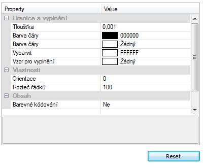 Prvky Pro různé prvky (např. textové pole, obdélník, obrázek, čárový kód) existují různé vlastnosti, které lze změnit na jejich standardní vlastnosti.