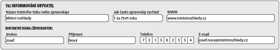 Tabulka 1b - Informování obyvatel Doplňte údaje o místním tisku nebo obecním zpravodaji, který slouží k informování občanů: - název (titul) místního tisku nebo obecního zpravodaje, - jak často