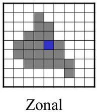 Mapová algebra zonální funkce Zpracování hodnot části rastru vymezené zadanou oblastí z jiné rastrové či vektorové vrstvy Příklady