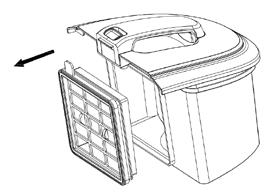 ČIŠTĚNÍ FILTRU MOTORU T Filtr motoru se nachází na odnímatelné nádobě na prach (viz obrázek). Vyjměte nádobu na prach ze spotřebiče a vyjměte filtr.