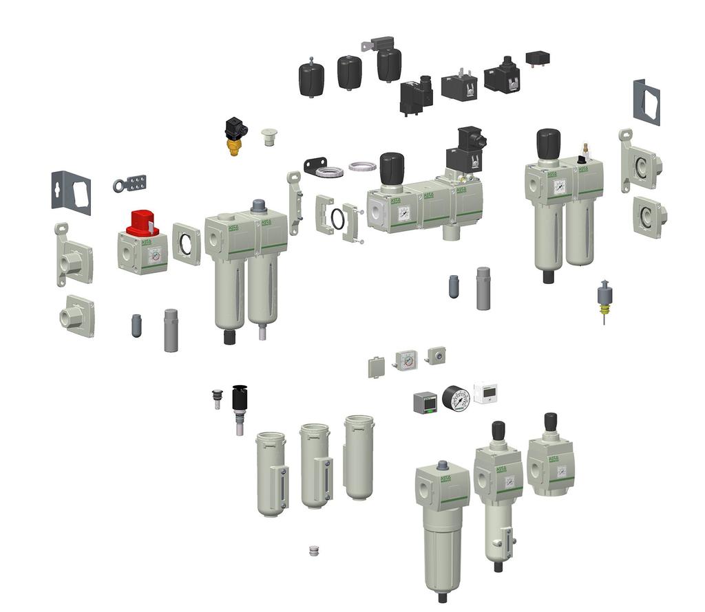 Přehled výrobků ASCO Numatics řady,, pro úpravu vzduchu Otočné hlavice Pilotní ventily Boční montážní konzola Snímač diferenčního tlaku Filtr regulátoru Maznice stlačeného vzduchu Boční montážní