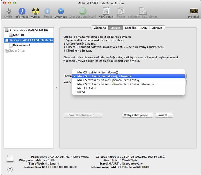 3. V okně FORMÁT pak klikneme na volbu Mac OS rozšířený (žurnálovaný, šifrovaný) a do pole