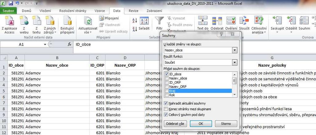 5.3.2 Práce s hromadnými daty Souhrny Tabulka 5.6:Umístění nabídky Souhrny Souhrny slouží k automatickému počítání celkových součtů pro sloupce.