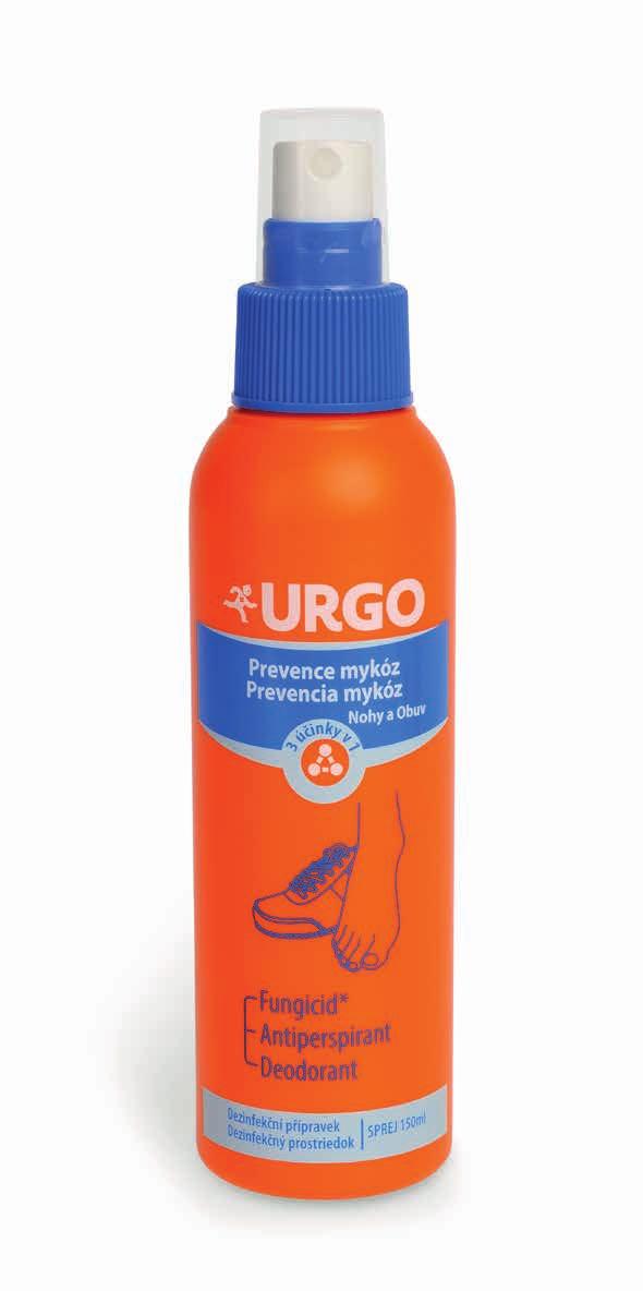 Sprej URGO Prevence mykóz 3v1 je biocidní přípravek, který kombinuje 3 účinky v 1 Antimykotikum Působí proti množení houbovitých mikroorganismů, odstraní 99,99 % původců mykóz.