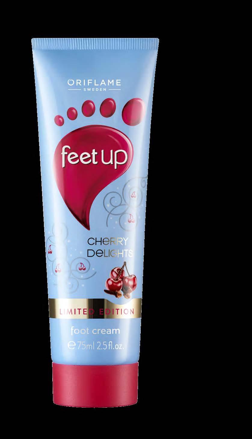 Krém na nohy Feet Up Cherry Delights Bohatý hydratační krém na nohy se sladkou vůní třešní a hřebíčkovým olejem. Zjemní a zvláční pokožku nohou během chladných dní.