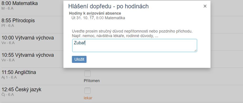 Najdeme si konkrétní den a vybereme hodiny, kdy bude dítě chybět. Vybereme hodiny a omluvenku odešleme kliknutím na Odeslat avízo o absenci.