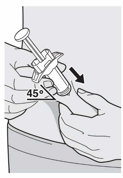 Krok 10: Stlačení injekční stříkačky Uvolněte kožní řasu. Pomalu stlačujte píst až nadoraz, dokud nebude injekční stříkačka prázdná.