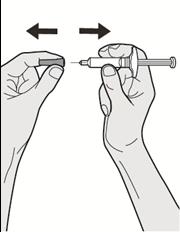 Krok 7: Sejmutí víčka Uchopte injekční stříkačku za střed těla jehlou směrem od sebe a sejměte víčko jehly. Nenasazujte víčko jehly zpět na jehlu. Nedotýkejte se jehly.