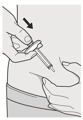 Krok 10: Stlačení injekční stříkačky Uvolněte kožní řasu. Pomalu stlačujte píst až nadoraz, dokud nebude injekční stříkačka prázdná. Poznámka: Během aplikace budete cítit určitý odpor. To je normální.
