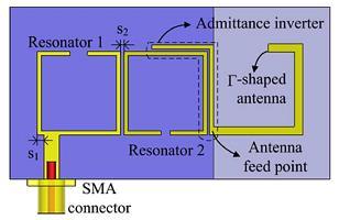 antenna integrated into a band-pass filter. The band-pass filter was created by a three-pole hairpin filter and connected to a patch antenna representing the fourth pole.