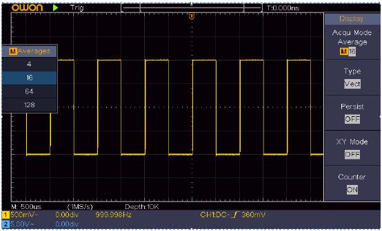V pravém menu vyberte Acqu Mode jako Average. 3. Otočte kotoučem M a sledujte tvar vlny získaný zprůměrováním tvaru vlny při různém počtu průměrů.