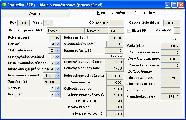 Obr. 101 ŠCP evidence o zaměstnanci Oproti větě o ekonomickém subjektu jsou údaje o jednotlivých zaměstnancích (výjimkou je položka prumvyd) vždy v kumulaci od začátku roku až do konce sledovaného